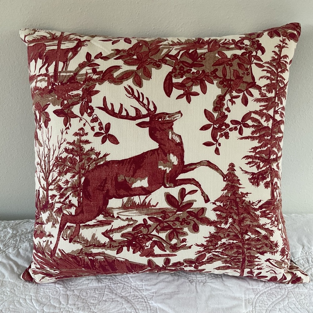 Pottery Barn Red Alpine Toile Stag Deer Reversible Plaid Pillow Cover Winter 24”